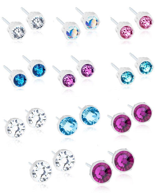 Crystal Earrings, 4mm, 6mm & 8mm - 100% Nickel Free - Medical Plastic